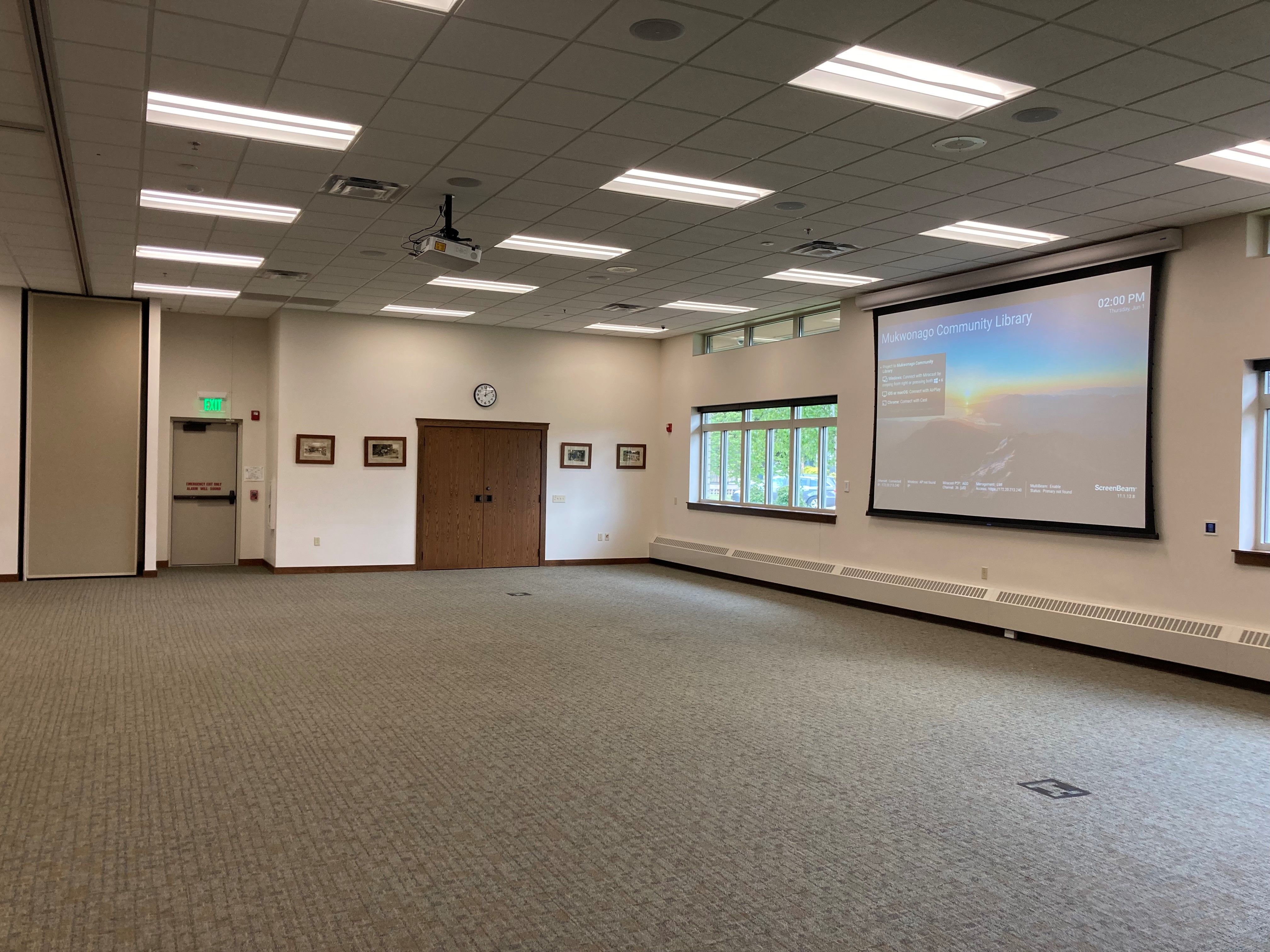 large room with projection screen