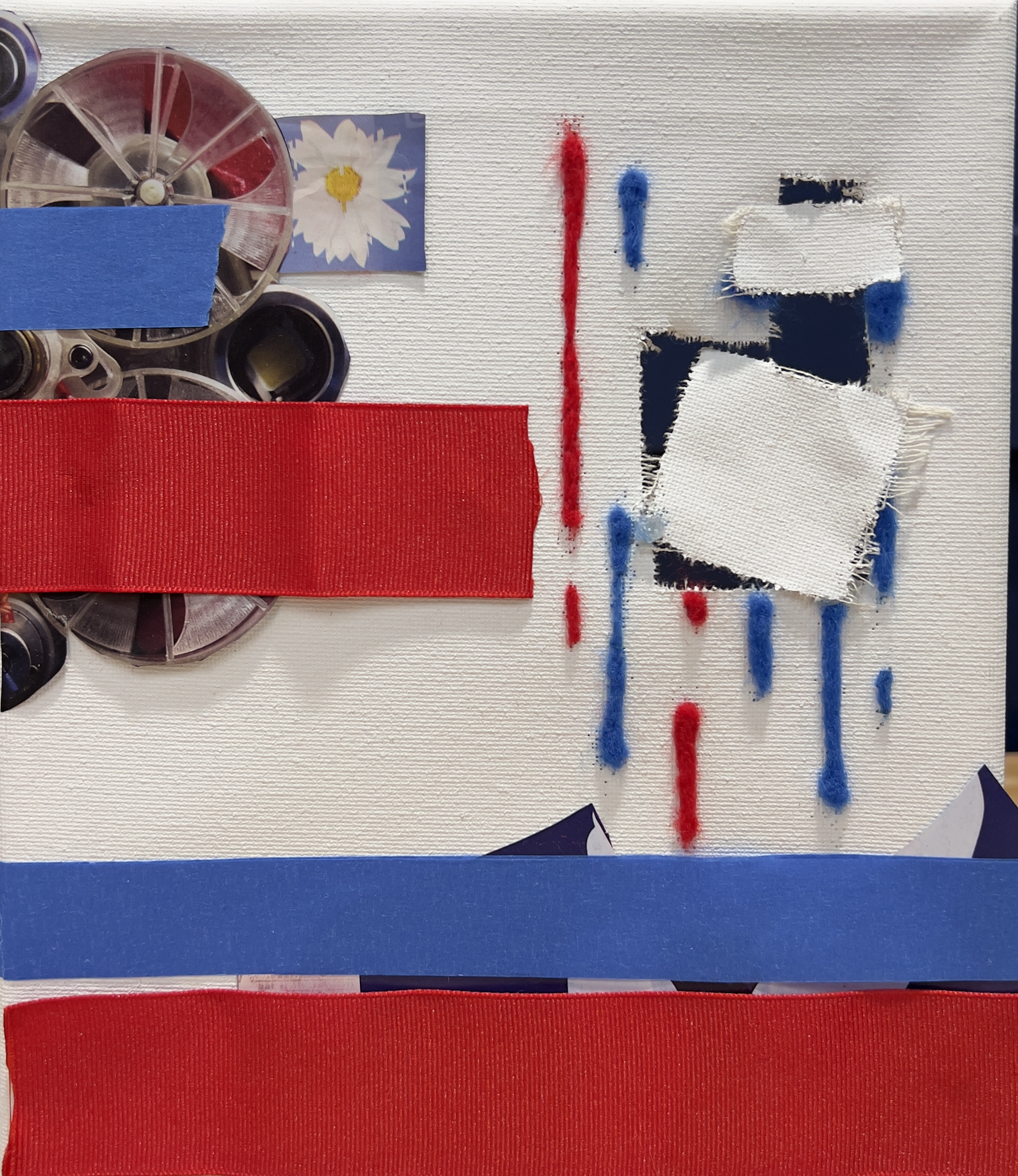 white canvas with blue and red horizontal ribbon stripes and magazine collage with red and blue vertical needle felting