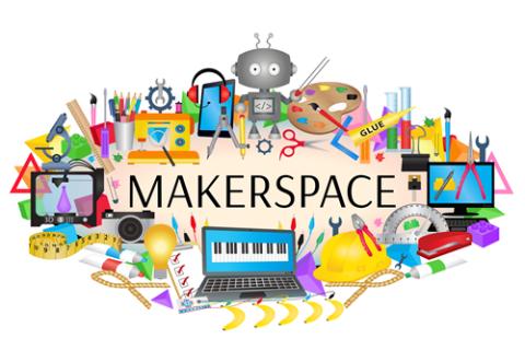 Word Makerspace with illustrated items found in makerspaces like robots, art supplies, 3D printers, computers, and more.
