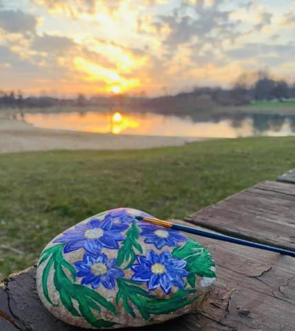 Picture of painted garden rock with sunset in background