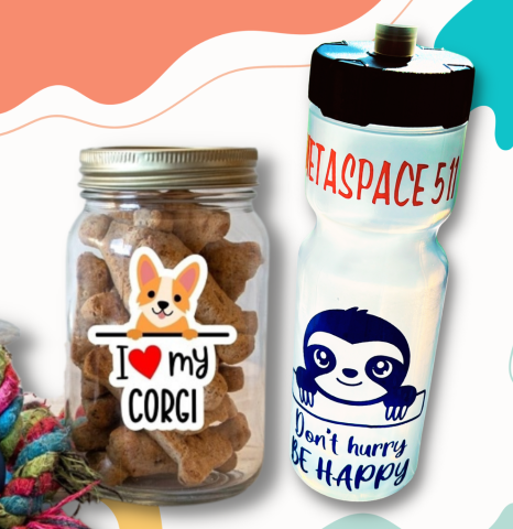 jar with I love my corgi vinyl sticker on it and plastic water bottle with MetaSpace 511 and sloth picture with don't hurry be happy vinyl decal