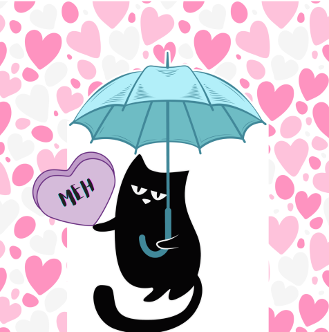 Black cat holding a blue umbrella and a large purple candy heart that says MEH while pink hearts are falling from the sky.