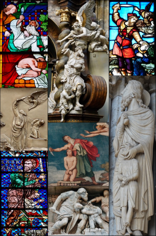 Collage of biblical paintings and statues