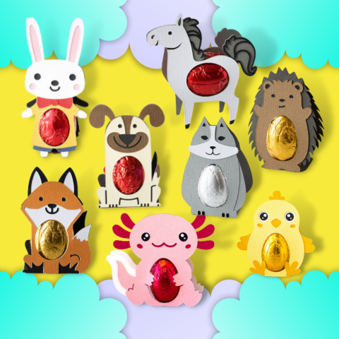 Yellow background with blue and purple clouds top and bottom with candy egg holders in shapes of dog, cat, chick, fox, horse, bunny, axolotl, and headhog