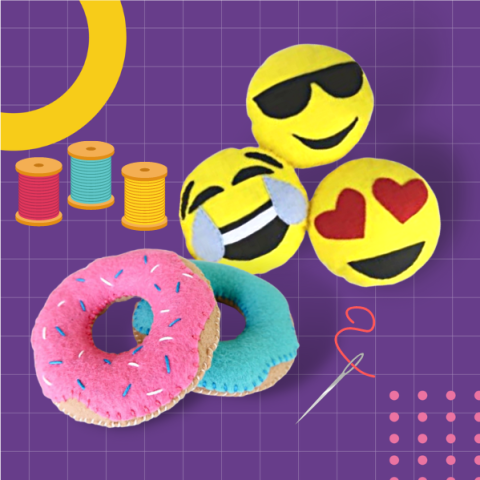 Purple grid background with graphics of sewing thread, pink and teal donut stuffies and three yellow emoji stuffies