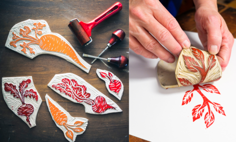 carved stamps with different vegetables with orange and red ink on left. On right a pair of hands using a carved rubber stamp to print red leaves on paper
