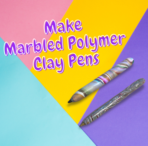 Blue, pink, yellow, purple geometric background with words in purple outlined in white that say Make Marble Polymer Clay Pens with a picture of two marbled polymer clay pens