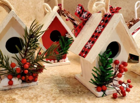 Winter birdhouse ornaments