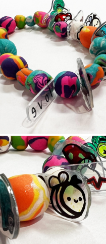 2 picture close ups of polymer clay beads and shrink dinks as a bracelet