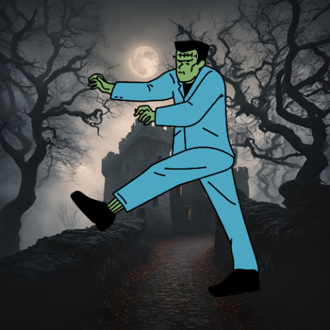 Graphic of Frankenstein's monster walking in front of a spooky castle.