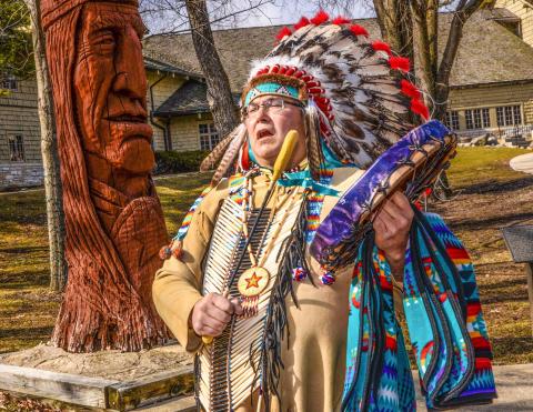 Gerald Savage dressed in traditional Ho-Chunk clothing