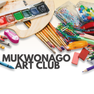 Various art supplies with the words "Mukwonago Art Club" underneath them.