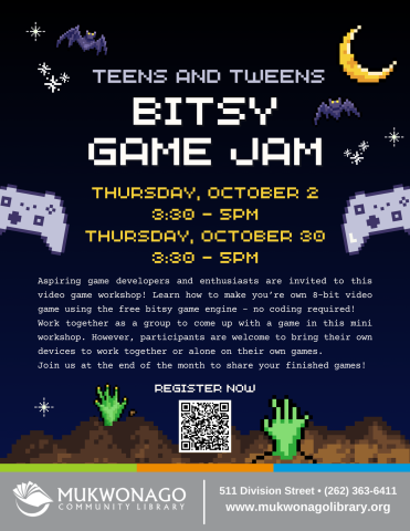 Bitsy Game Jam flyer for Teens and Tweens. Meeting dates are Thursday, October 30th from 3:30 PM to 5:00 PM. 
