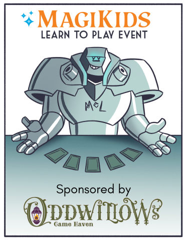 Flyer for MagiKids. Illustration of seated robot inviting players to join the card game