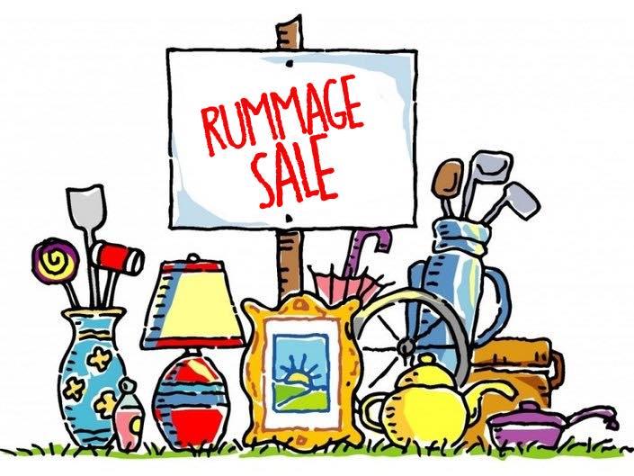 rummage sale sign with items for sale