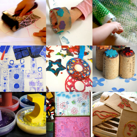 pictures of hands of children using different printmaking techniques in 6 different squares