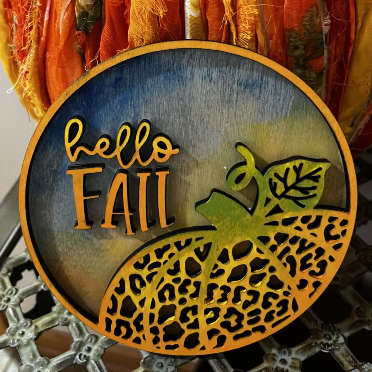 hello fall wood cut painted with orange pumpkin 