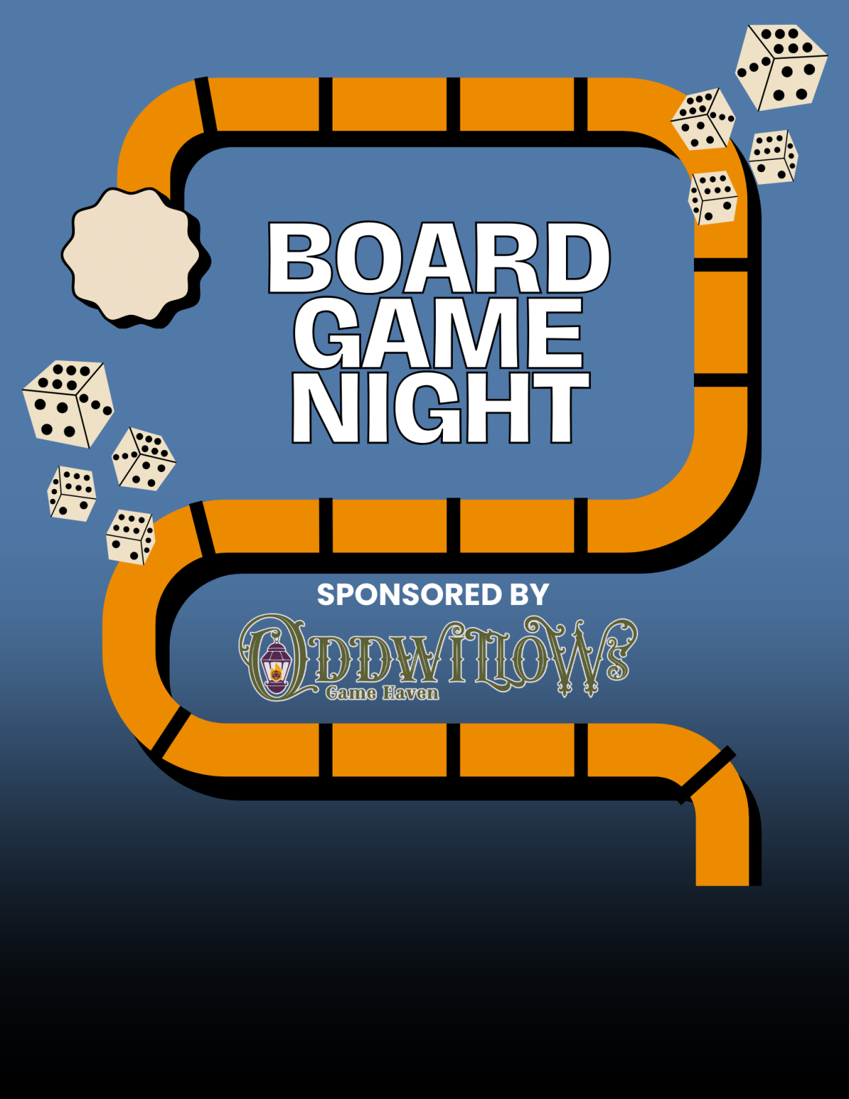Board Game Night flyer Sponsored by Oddwillows, with dice and game board. 