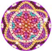 round mandala made with diamond painting in pinks, yellow, and teal
