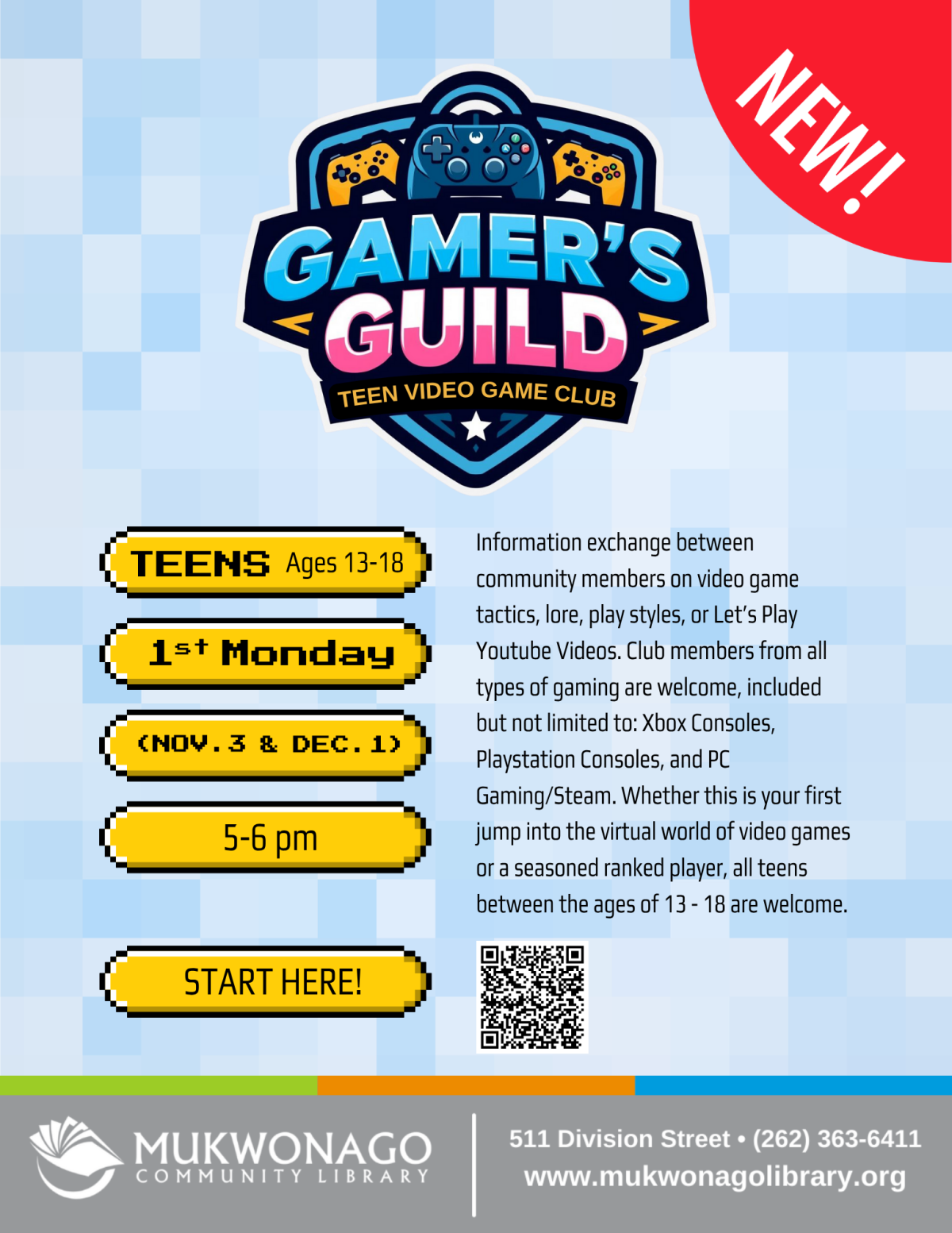 Gamer's Guild club meets every 1st of the month. Ages 13 - 18. 